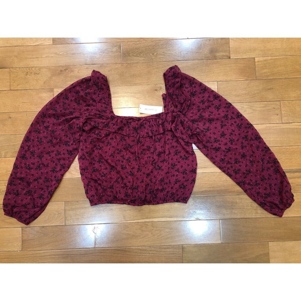 NWT TRIXXI Clothing Company Sheer Long Sleeve Ruffle Burgundy Floral Crop Top- M